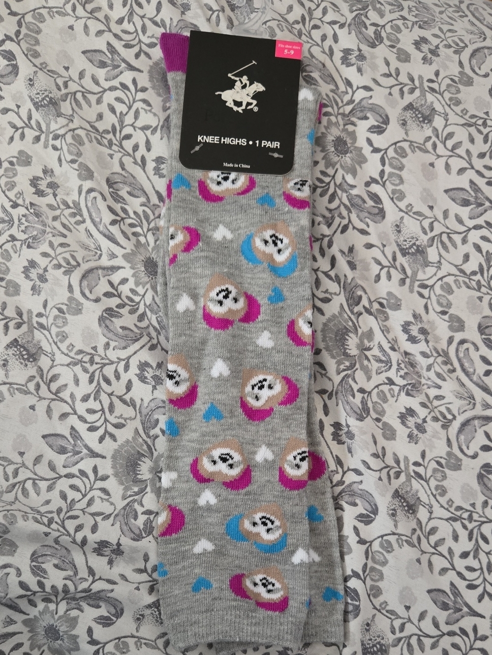 Knee High Socks - Gray with Sloths And Pink & Blue Patter